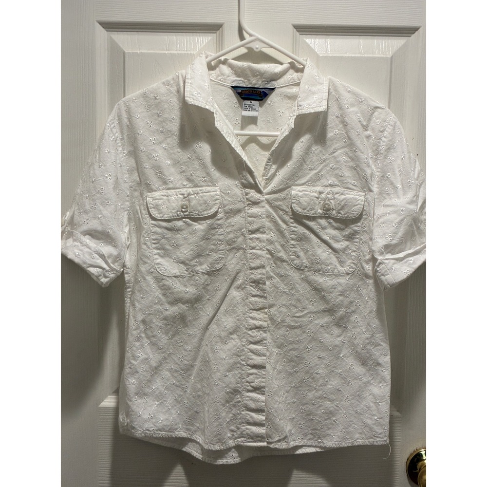 Shaver Lake Womens White Cotton Eyelet Short Sleeve Button Down Shirt Medium